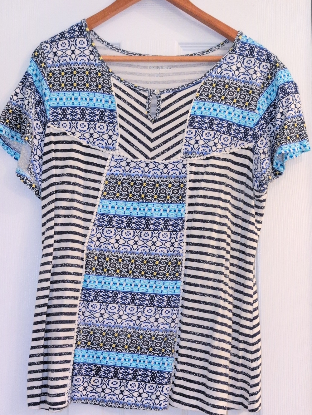 Kim Rogers Navy, White & Blue Short Sleeve Mixed-Print Top